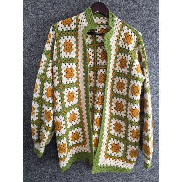 Handmade Granny Square Crochet Cardigan Sweater Green Yellow White Retro Vtg - Picture 1 of 6